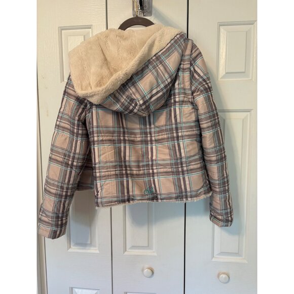 O'Neill Plaid Hood Snap Closure Jacket Convertible Vest Faux Fur Lining M Surfer - Picture 5 of 9